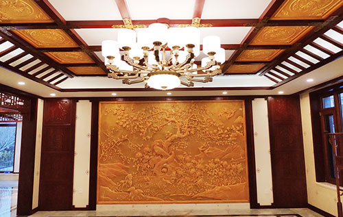 永康中式别墅客厅中式木作横梁吊顶装饰展示